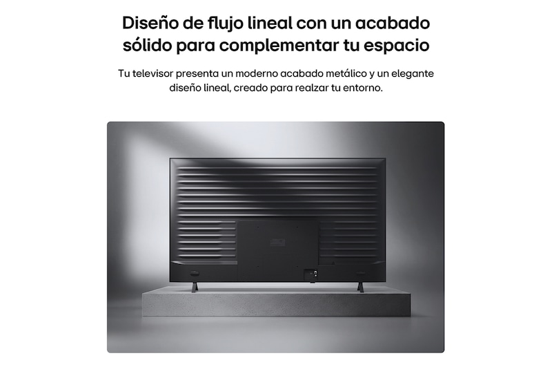 LG QNED AI QNED74 Mini LED is shown from the back, revealing a metallic rear panel with evenly spaced horizontal ridges that create a clean, structured look and emphasize the Linear Flow Design across the entire surface.
